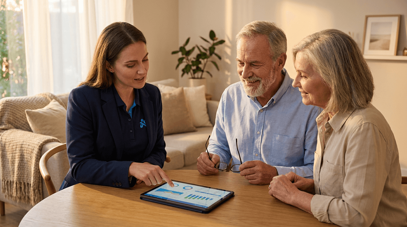 A retiree couple discussing their annual financial review with a financial advisor on a tablet.