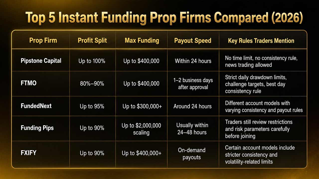 Top 5 Instant Funding Prop Firms Compared (2026)