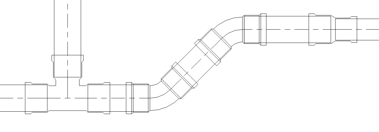 Wireframe plan view of Streamline pressed system showing pipe ends inside of fitting sockets.