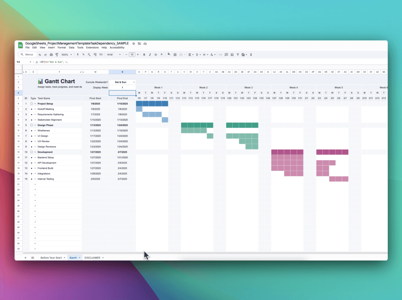 Screenshot of the Google Sheets version of the Project Management Template with task dependencies. The Gantt tab shows task names, start and end dates, and a color coded Gantt chart across multiple weeks, displayed on a gradient background.