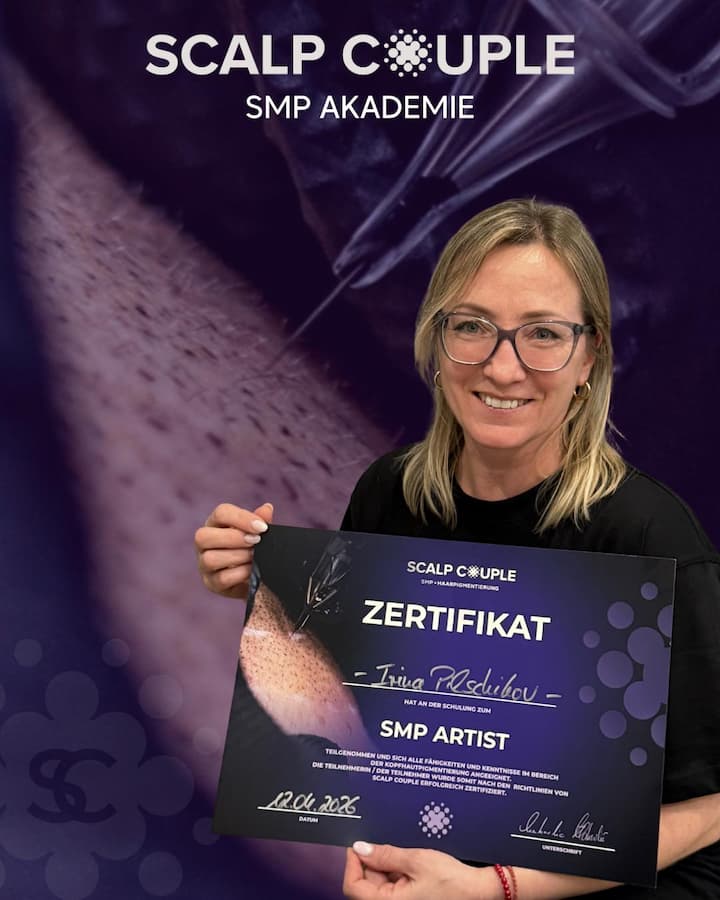 Irina Paschibov hält ihr Zertifikat als SMP Artist der Scalp Couple Akademie, April 2026