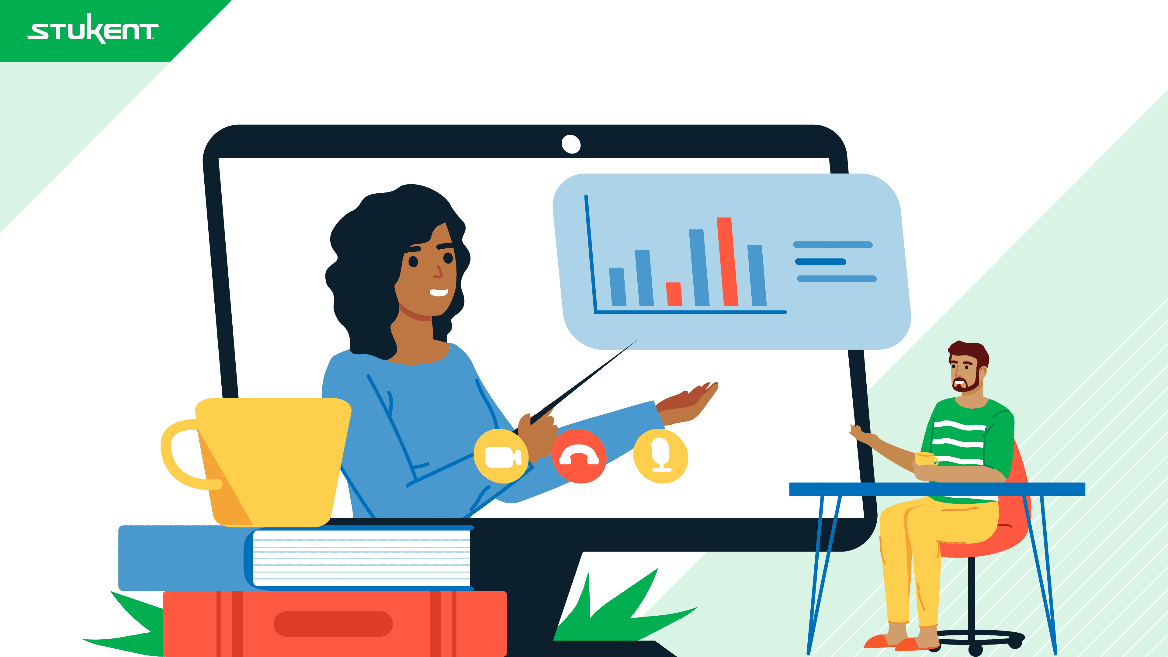 Annimated graphic of woman pointing to floatiing chart with books and a mug on a video call. 