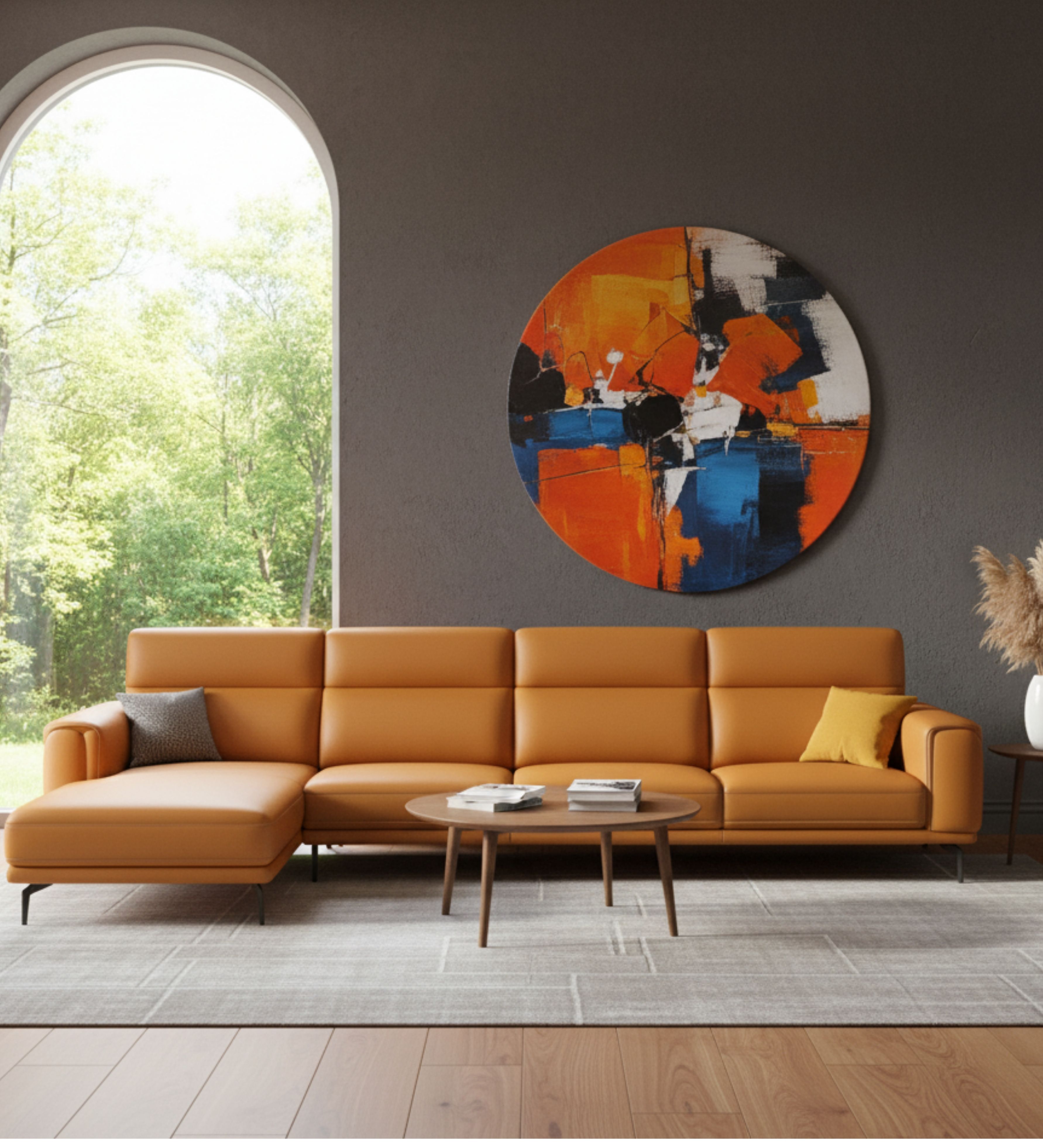 Tan upholstered sofa with sleek arms and refined modern silhouette