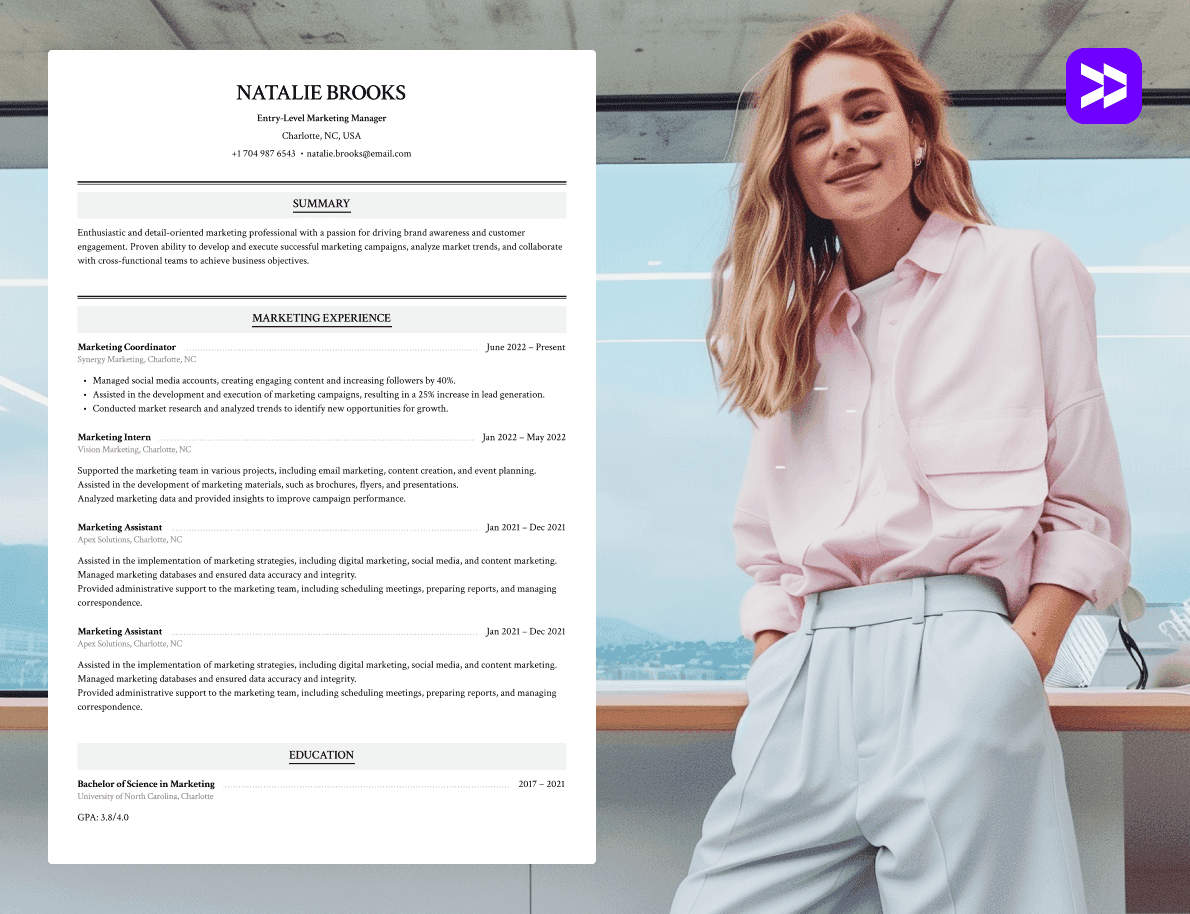 Marketing manager CV example in professional office setting