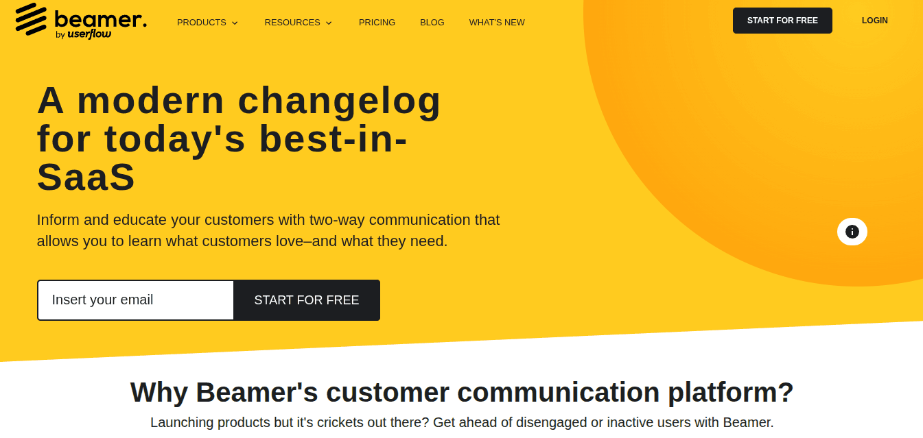 Beamer homepage showing its changelog and customer communication platform