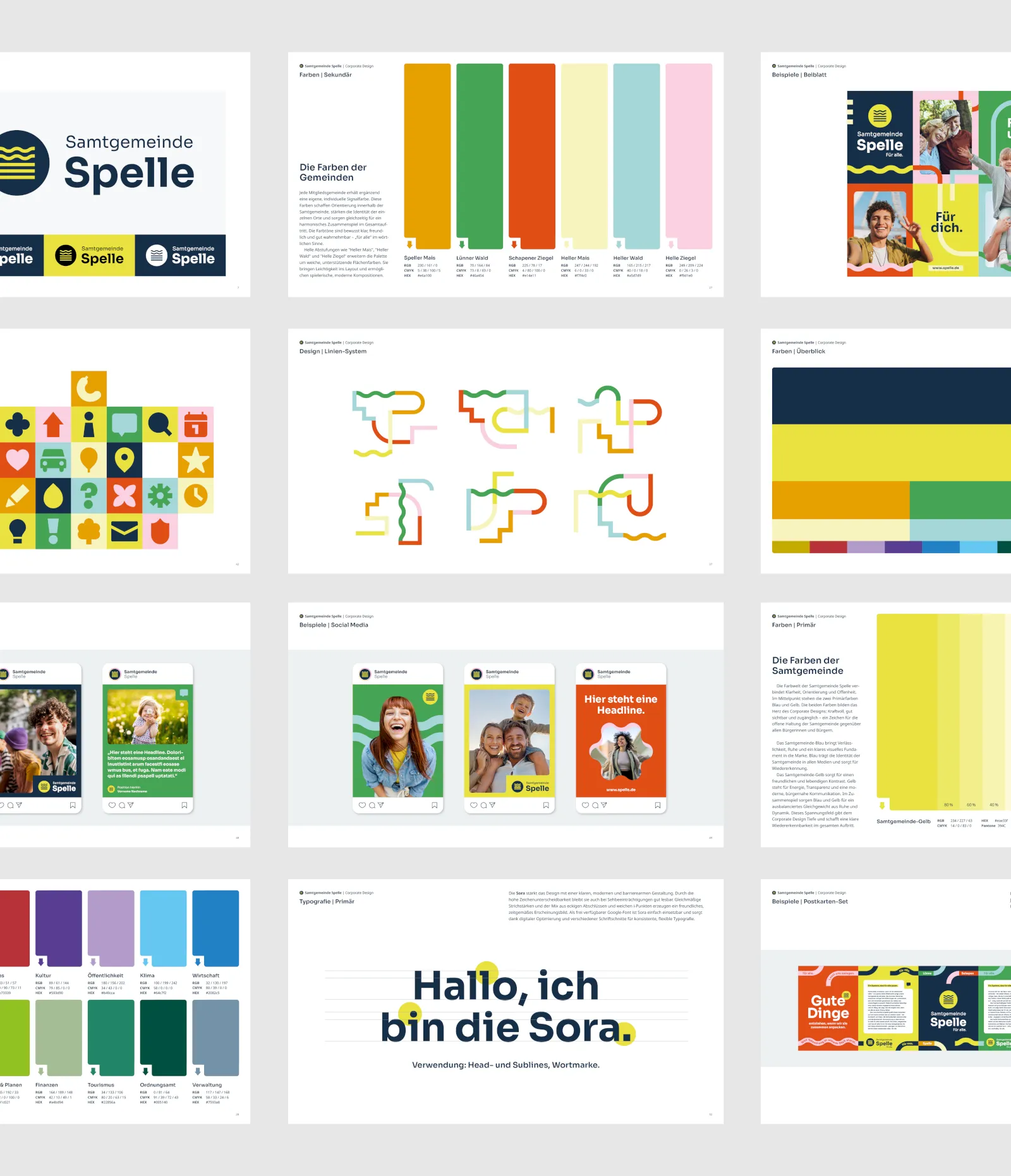 Spelle-Designkonzept: Farbschema, Logo, Illustrationen und Branding-Elemente. Corporate Design.