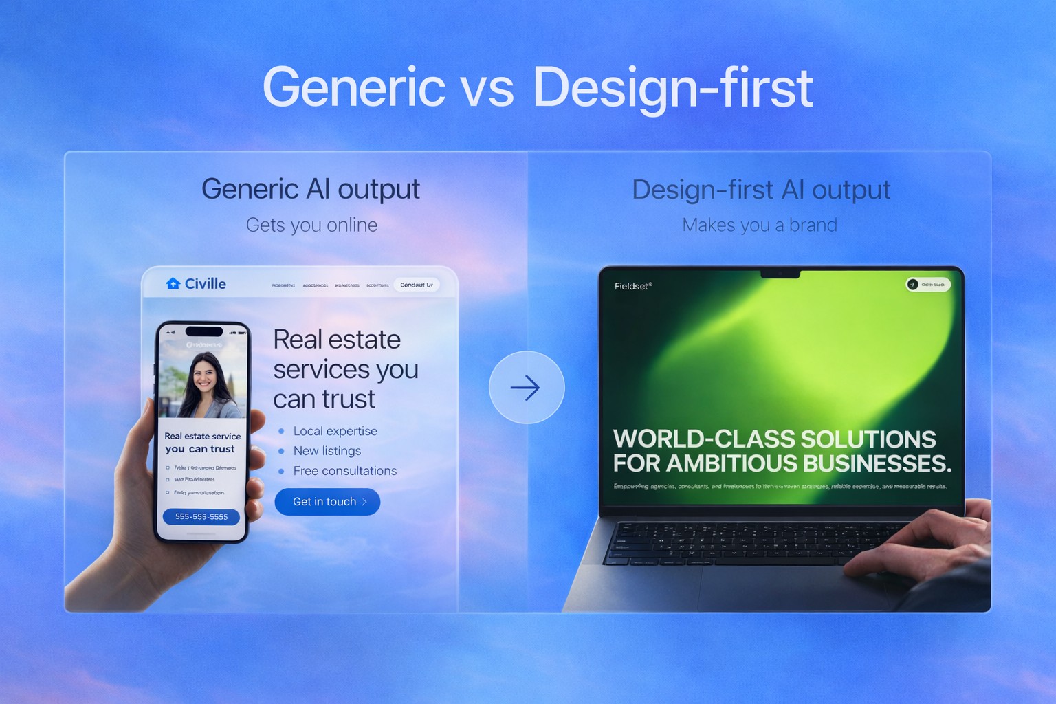 Generic AI website output vs design-first AI output comparison (Allux AI)