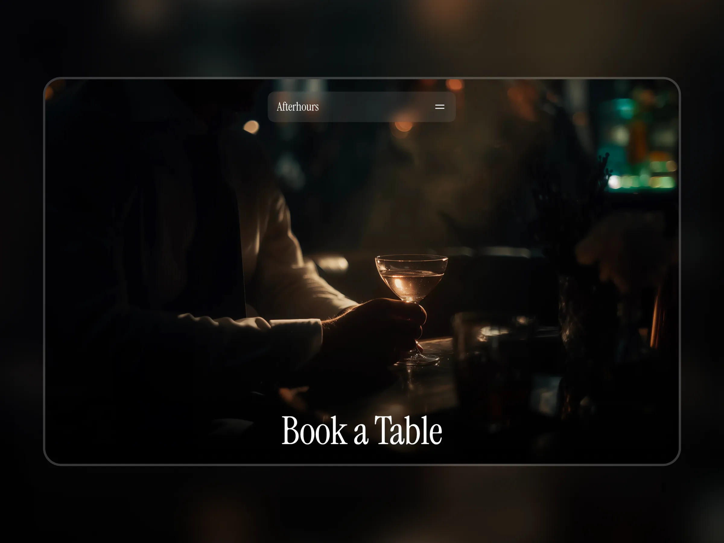 Cocktail lounge website template hero section with dark atmosphere, person holding a martini glass, and visible “Book a Table” call to action.