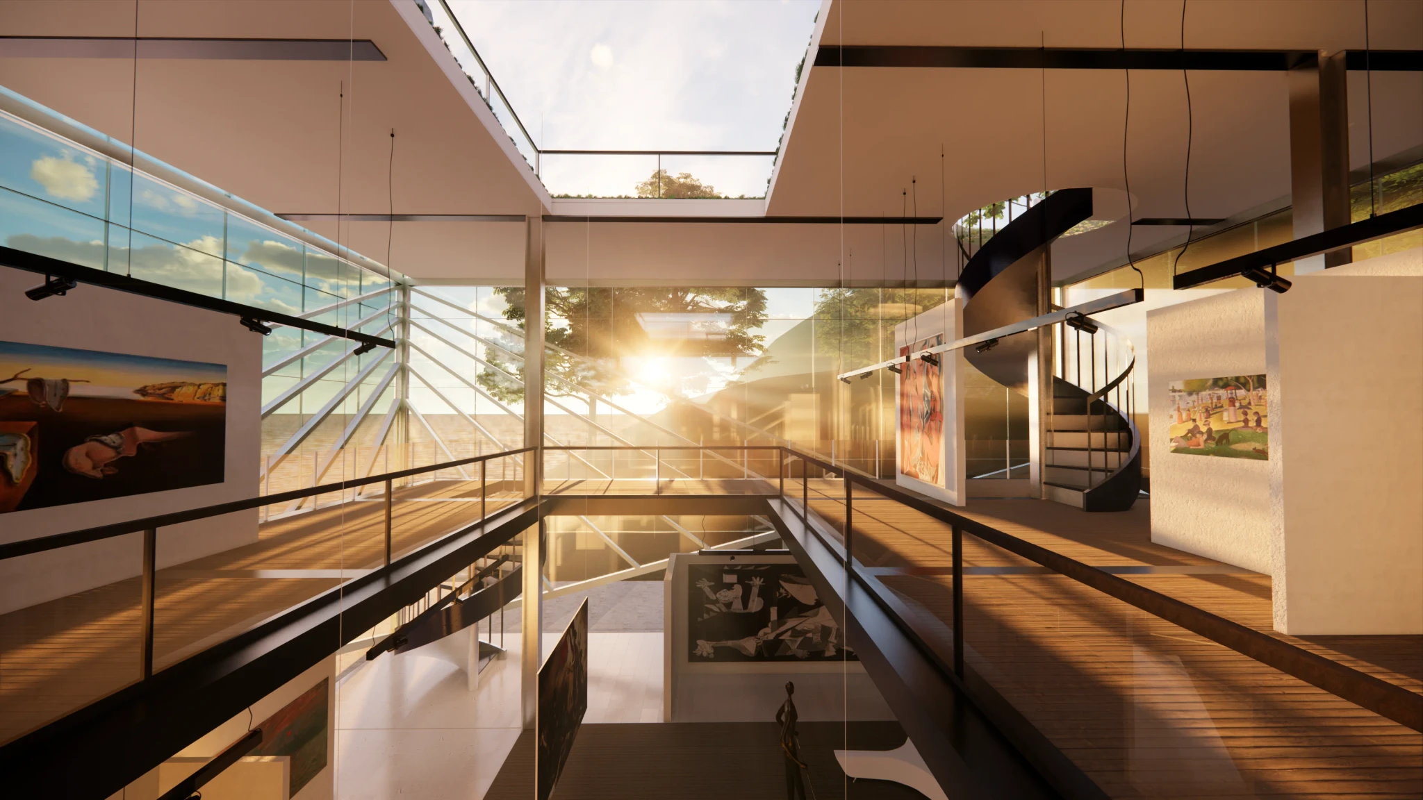 An art gallery at sunset with sun entering through glass windows, seen from a second storey.