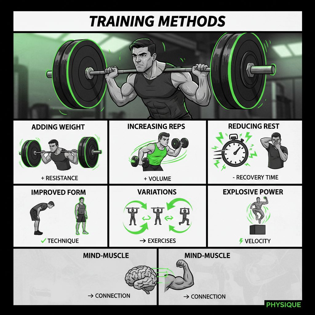 Seven methods of progressive overload in weight training illustrated