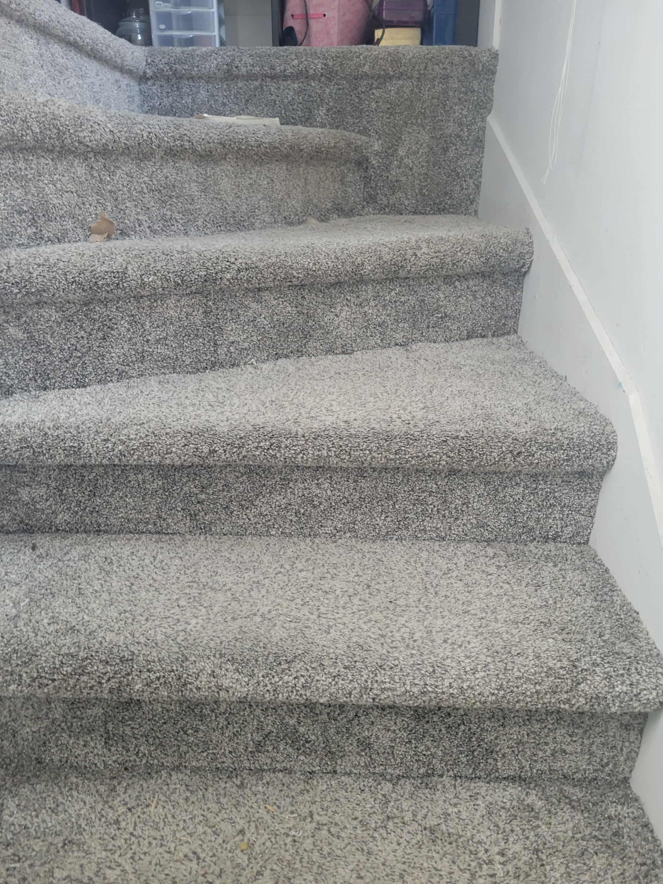 A close-up view of a carpeted staircase, showing several steps leading upwards with a light-colored wall alongside.