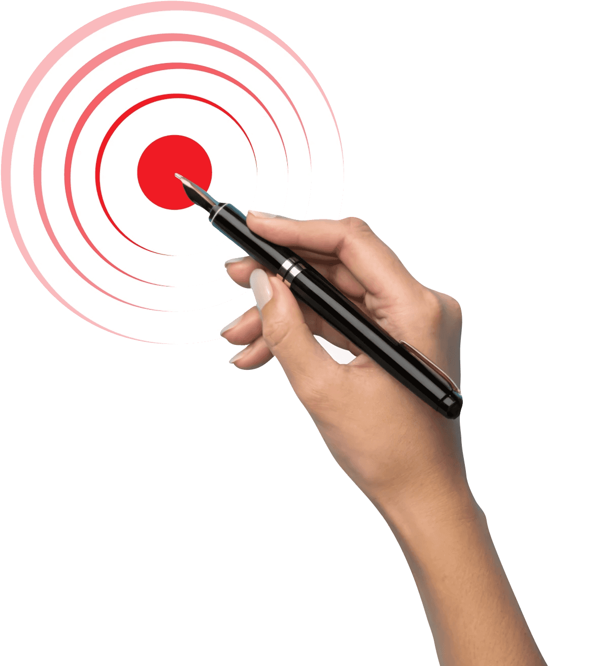 A person's hand initiating contact, represented by a pen sending out a signal.