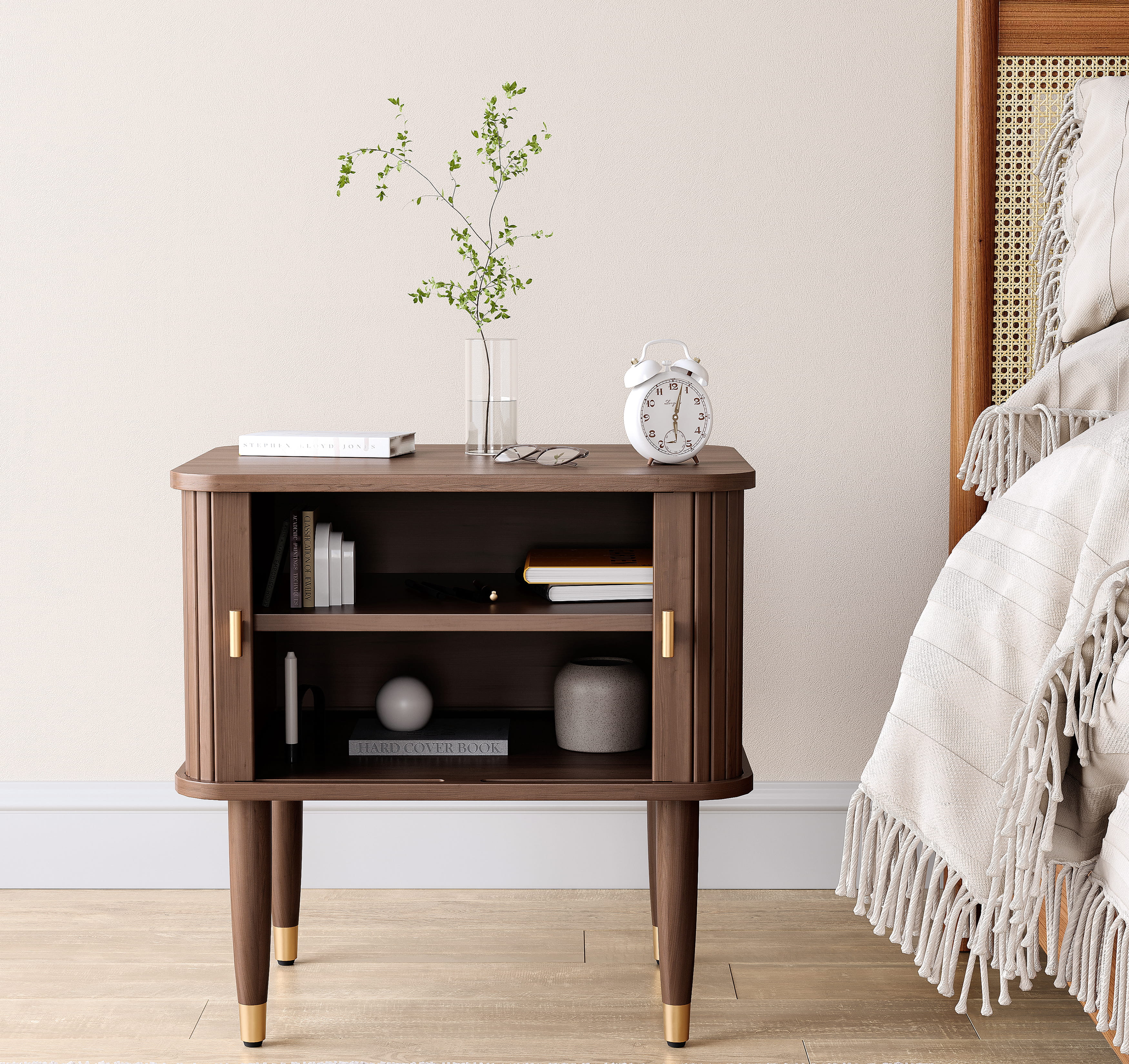 Wooden night stand with open shelves in modern bedroom setting