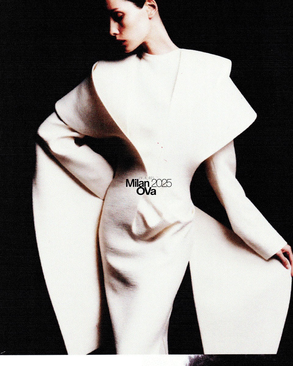 Photo of a model showcasing a dress and promoting a show in Milan.