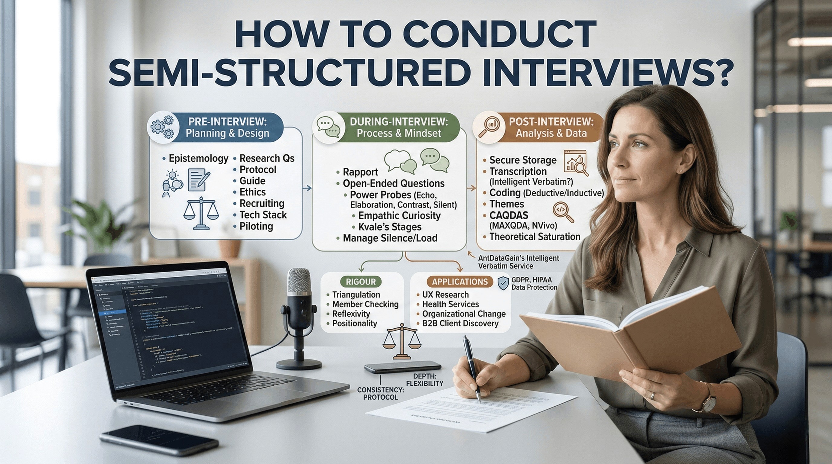 A qualitative researcher at a desk with a visual workflow diagram explaining how to conduct semi-structured interviews, including pre-interview planning, probing techniques, and qualitative data analysis.