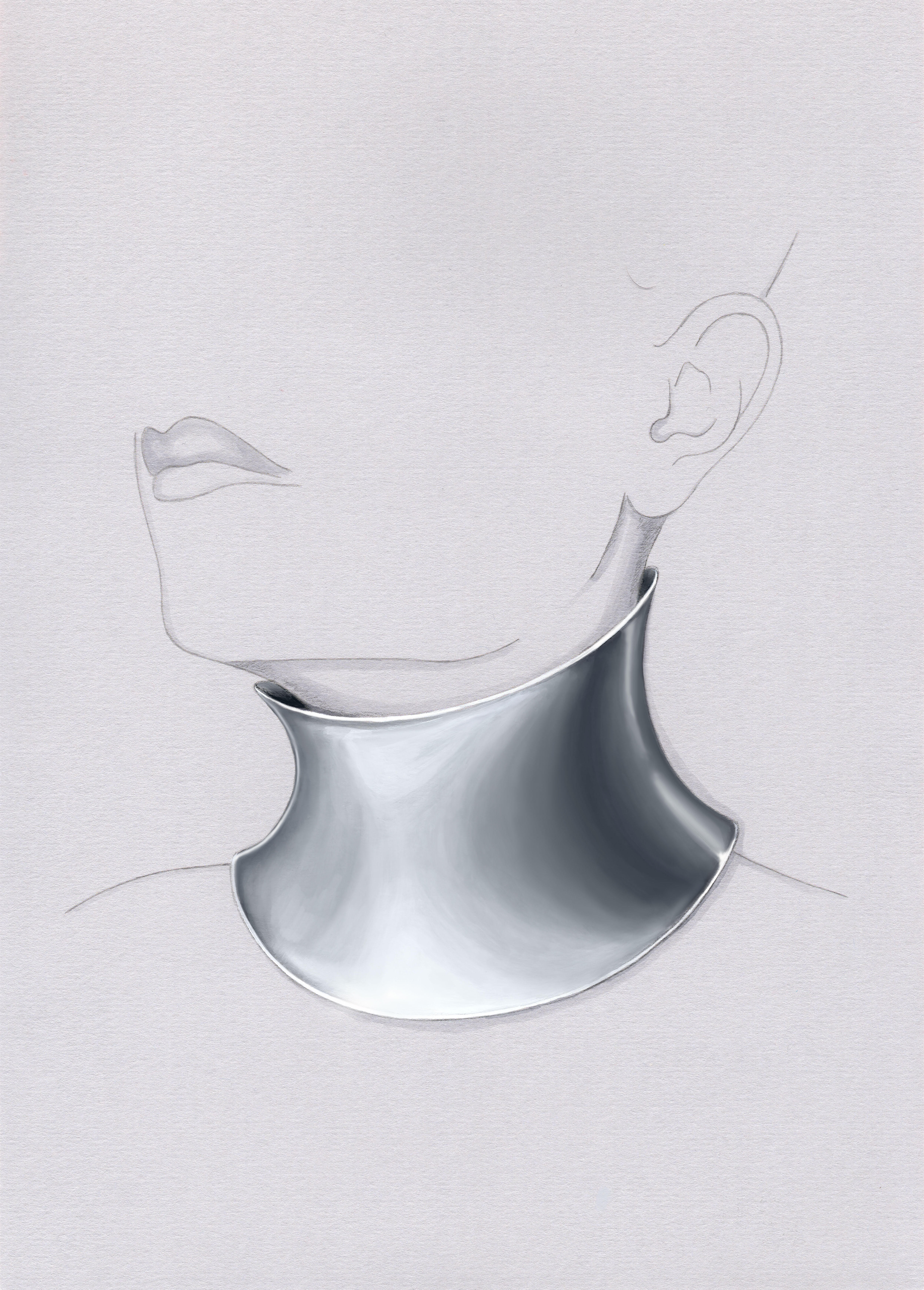 A detailed grayscale design sketch showing a sculptured, high-collared metallic neckpiece rendered on a delicate outline of a model's neck and jawline, labeled "02 Design."