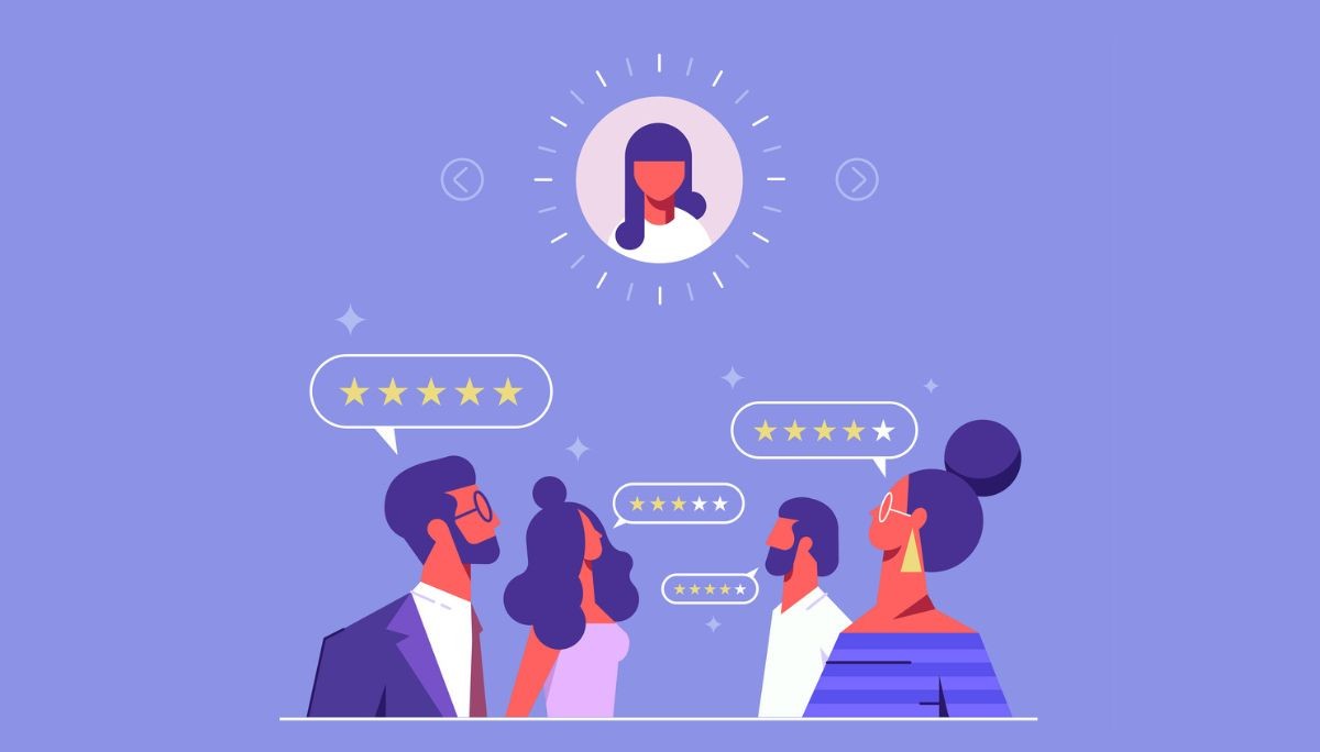 Illustration of multiple people giving star ratings to a candidate—representing effective applicant screening, evaluation, and selection in the hiring process.