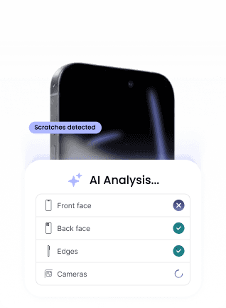An AI-powered analysis interface that detects scratches on a smartphone screen, complete with a checklist of components (front, back, edges)
