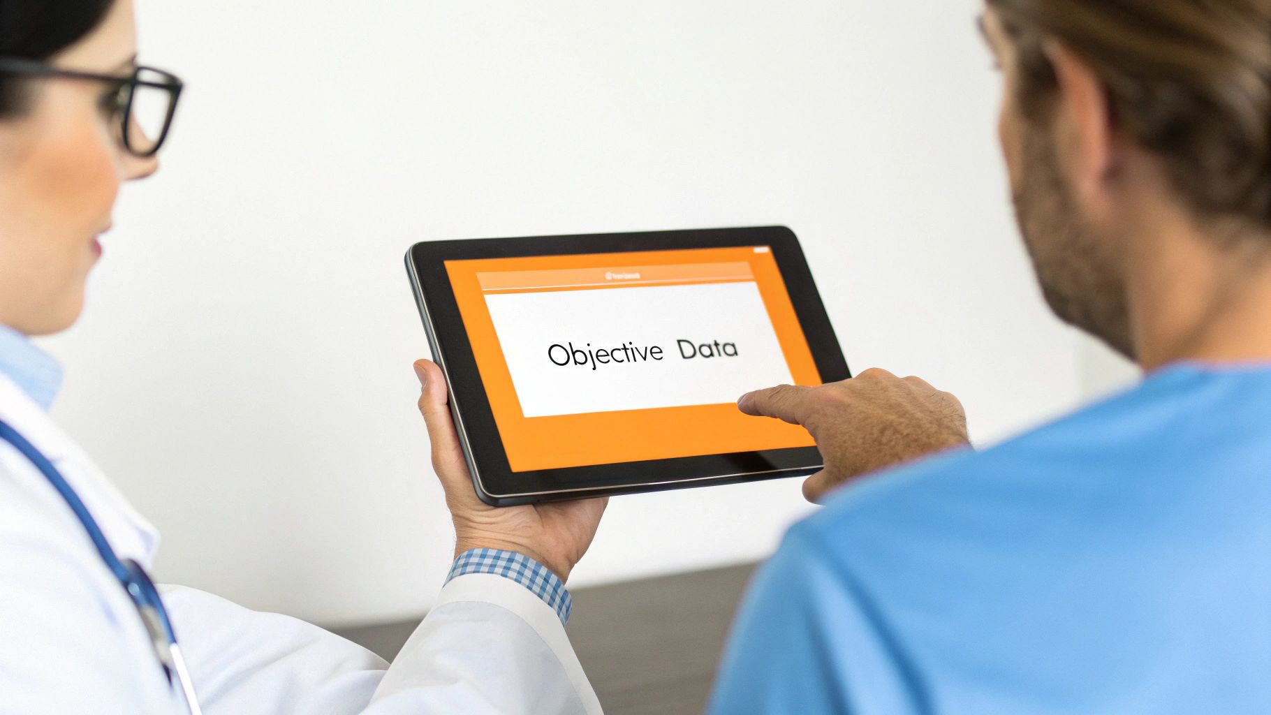 Two medical professionals review objective data on a tablet, focusing on healthcare information.