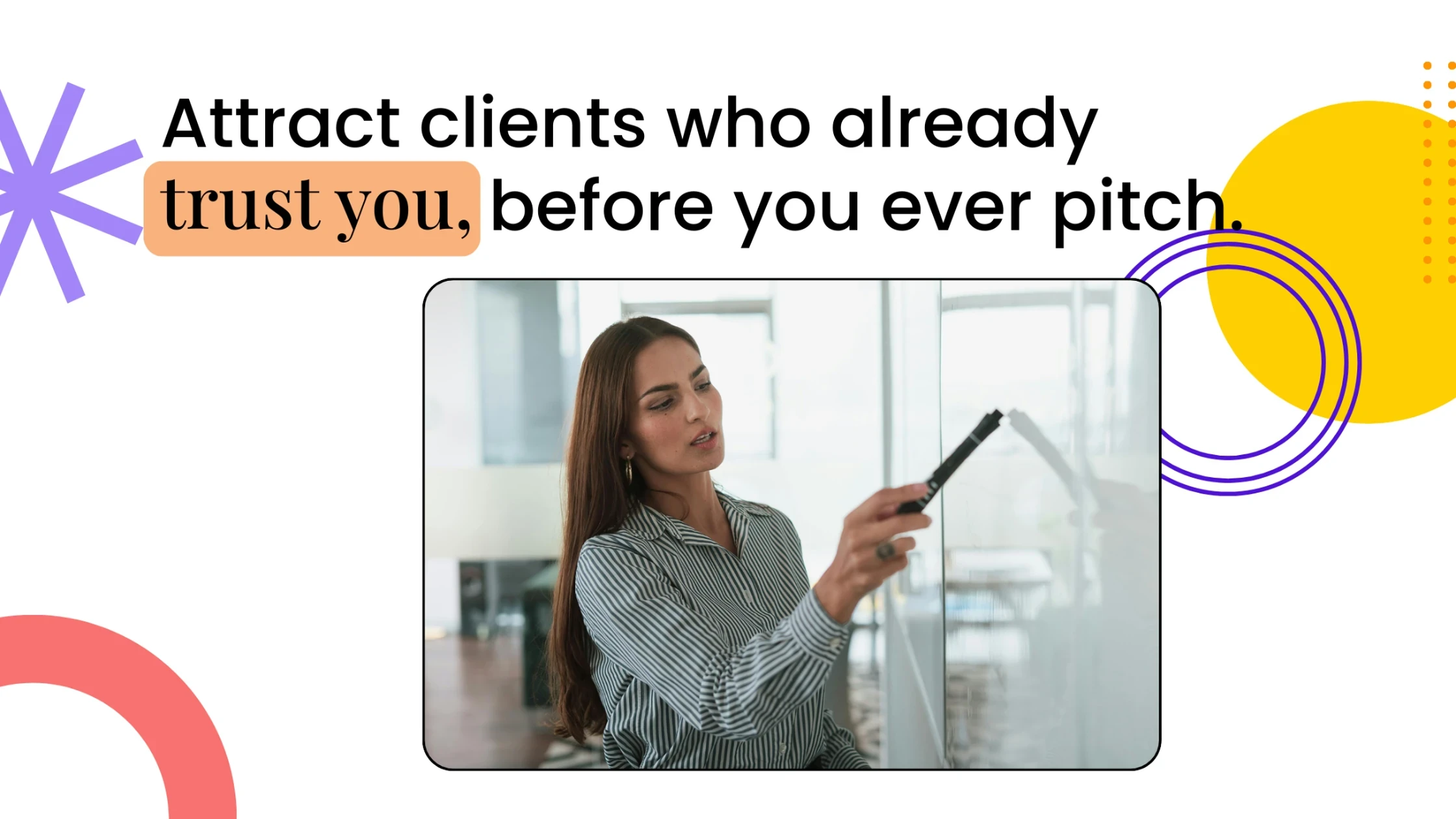 Coach presenting on a whiteboard during a session, with graphic accents and text about attracting clients through trust.