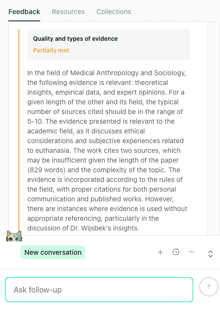 thesify feedback card marked partially met for quality and types of evidence, explaining source expectations and pointing out missing citations in an euthanasia essay.