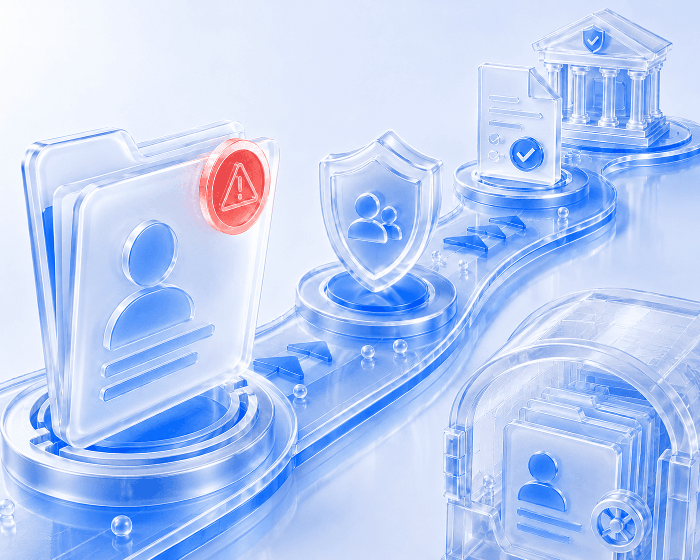 3D illustration of a flagged customer case being escalated through review shields and reported to a regulatory authority
