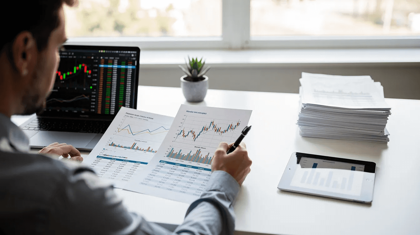 The image depicts a person intently studying financial charts and documents at a clean, modern desk, likely analyzing hedge fund performance and investment strategies. The workspace is organized, reflecting a focus on portfolio diversification and risk management in the context of various asset classes.