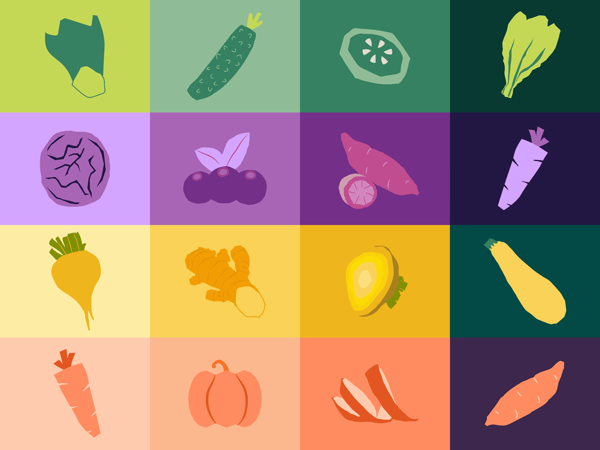 A 4x4 grid of 16 stylized vegetable illustrations designed for the SOMA brand identity. The icons, including kale, ginger, pumpkin, and berries, are rendered in a flat, organic, "paper-cut" aesthetic using a vibrant palette of greens, purples, and earthy oranges set against tonal background squares.