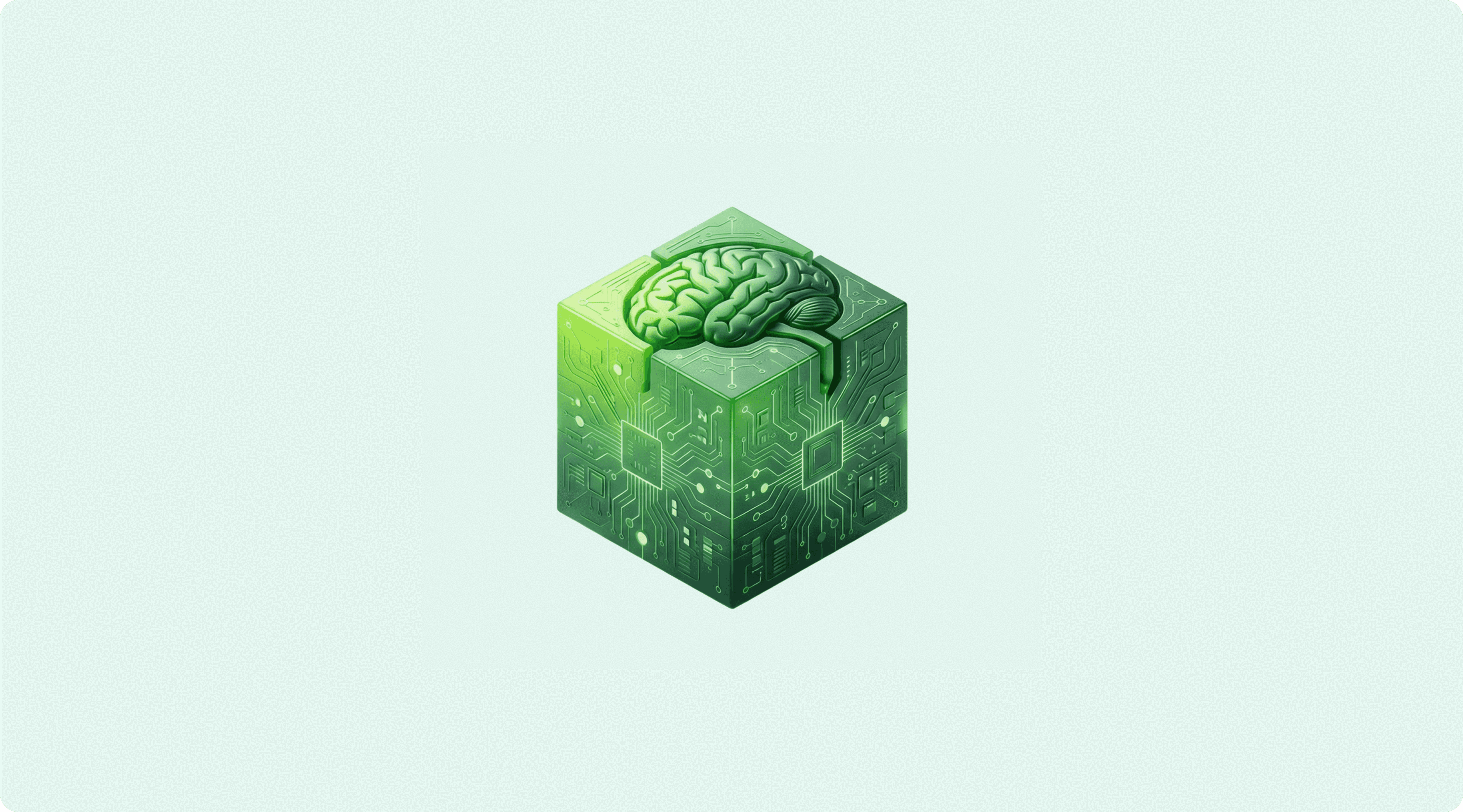 A 3D cube with a green brain on top, circuit board patterns on its sides.