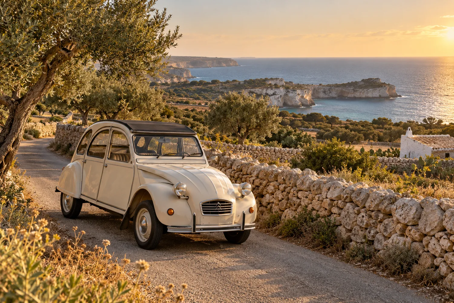 A cream coloured Citroen 2CV on a country road lined with dry stone walls