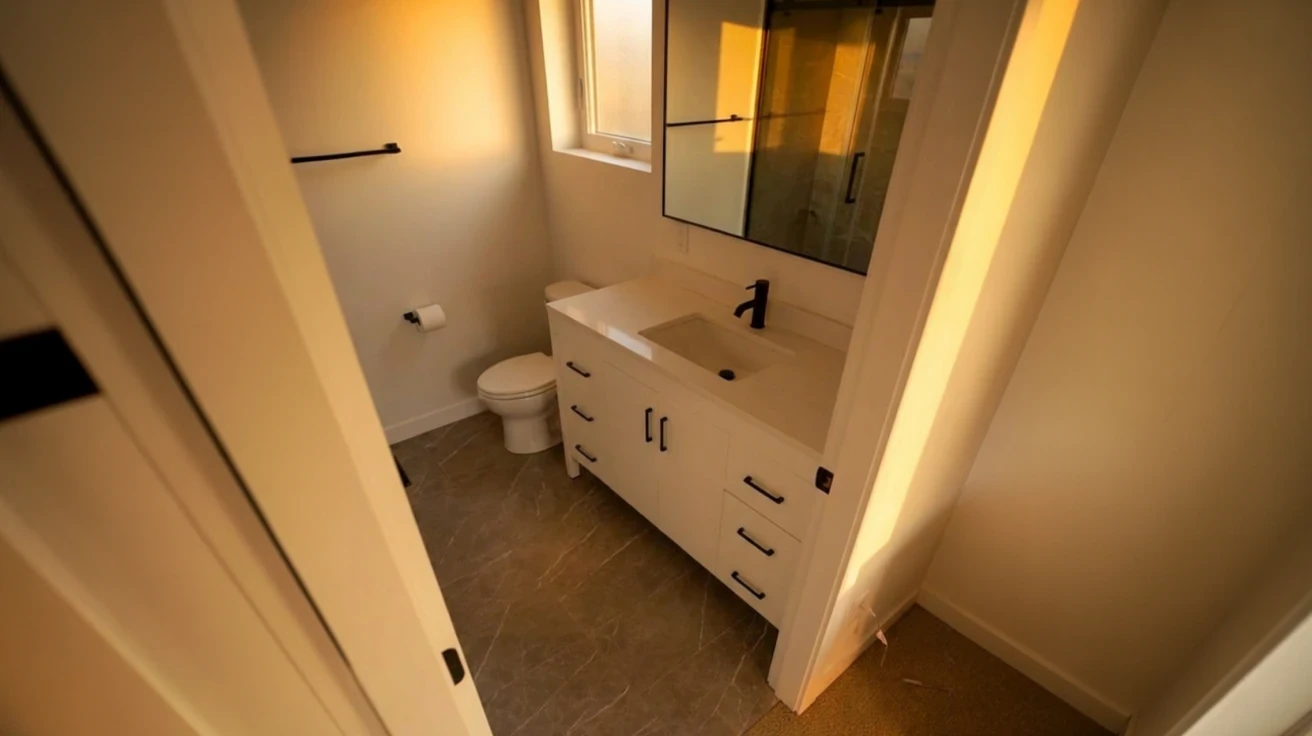 Clean modern bathroom design in Vancouver custom home with white floating vanity, black matte hardware, tile flooring, and glass shower enclosure