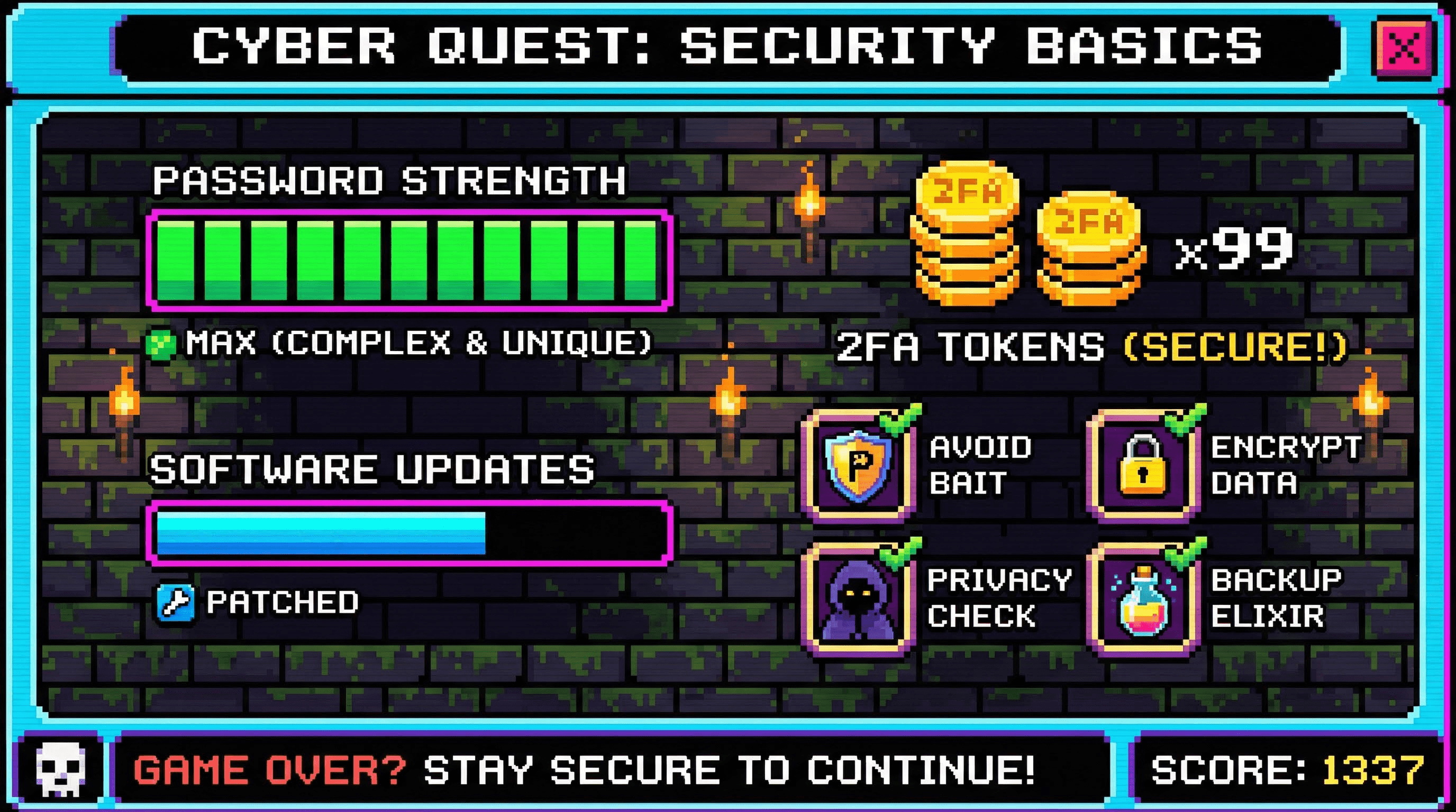 Retro 8-bit pixel art infographic designed like a video game UI with health bars, inventory slots, and a pixelated font.