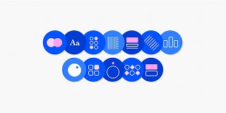 Illustration representing the 13 visual principles of design, with blue circular icons symbolising colour, typography, balance, contrast, rhythm, hierarchy, unity, scale, emphasis, repetition, alignment, pattern, and white space.
