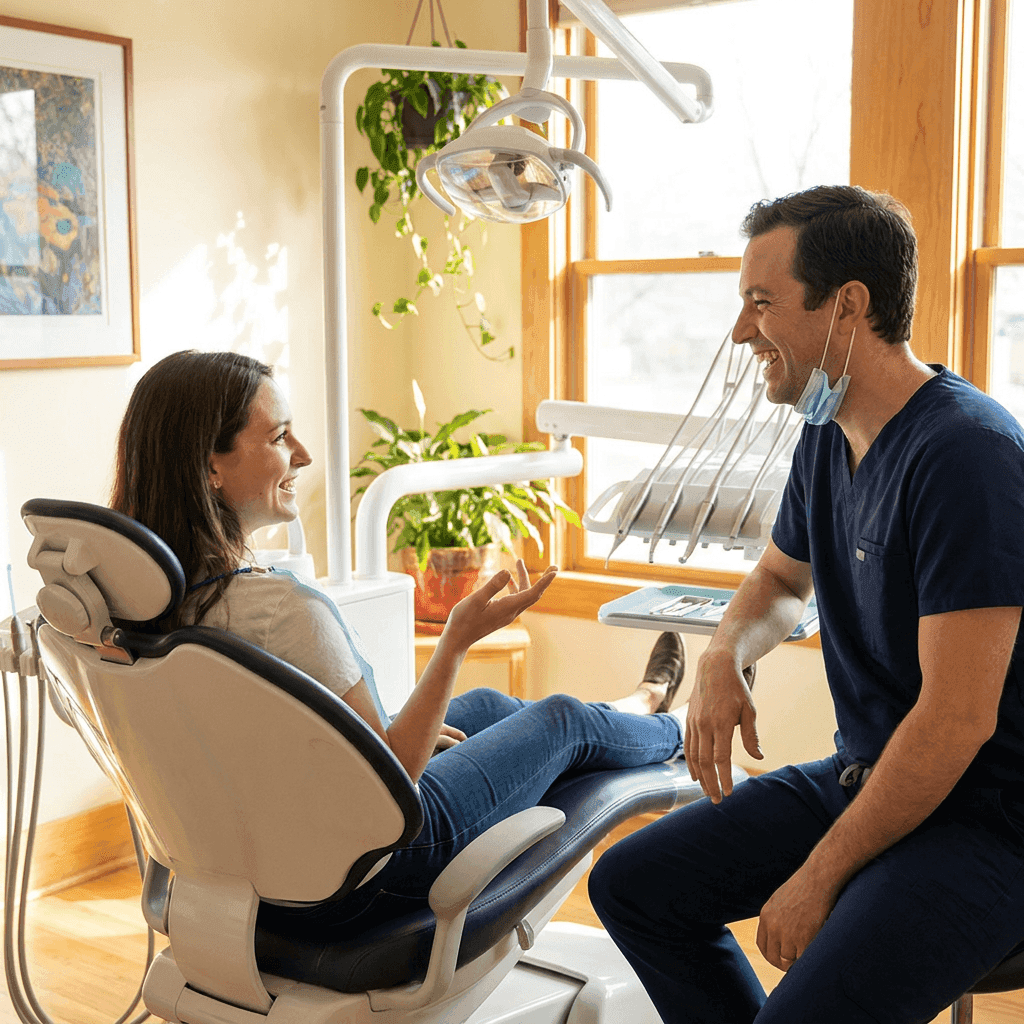 A dentist and his patient at his office, talking.