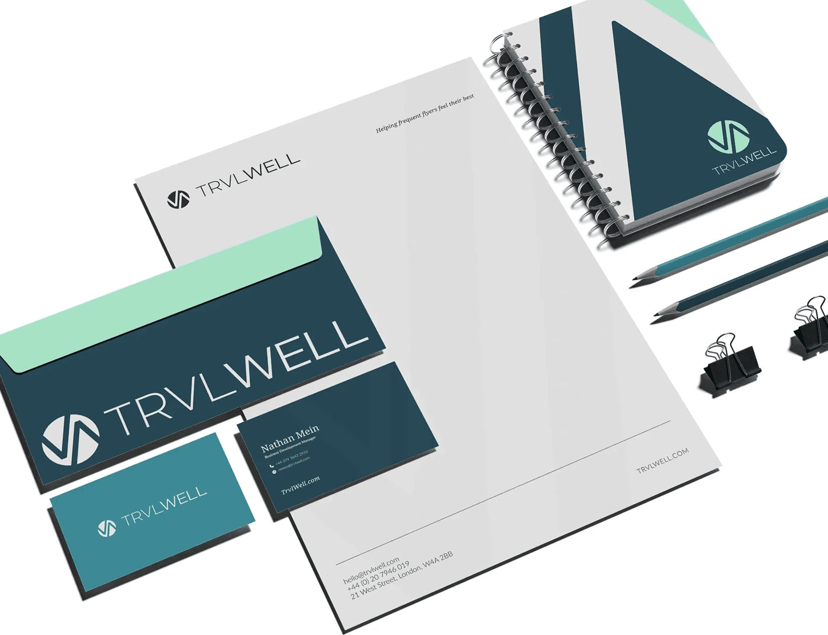 TrvlWell stationery suite including business cards and branded materials