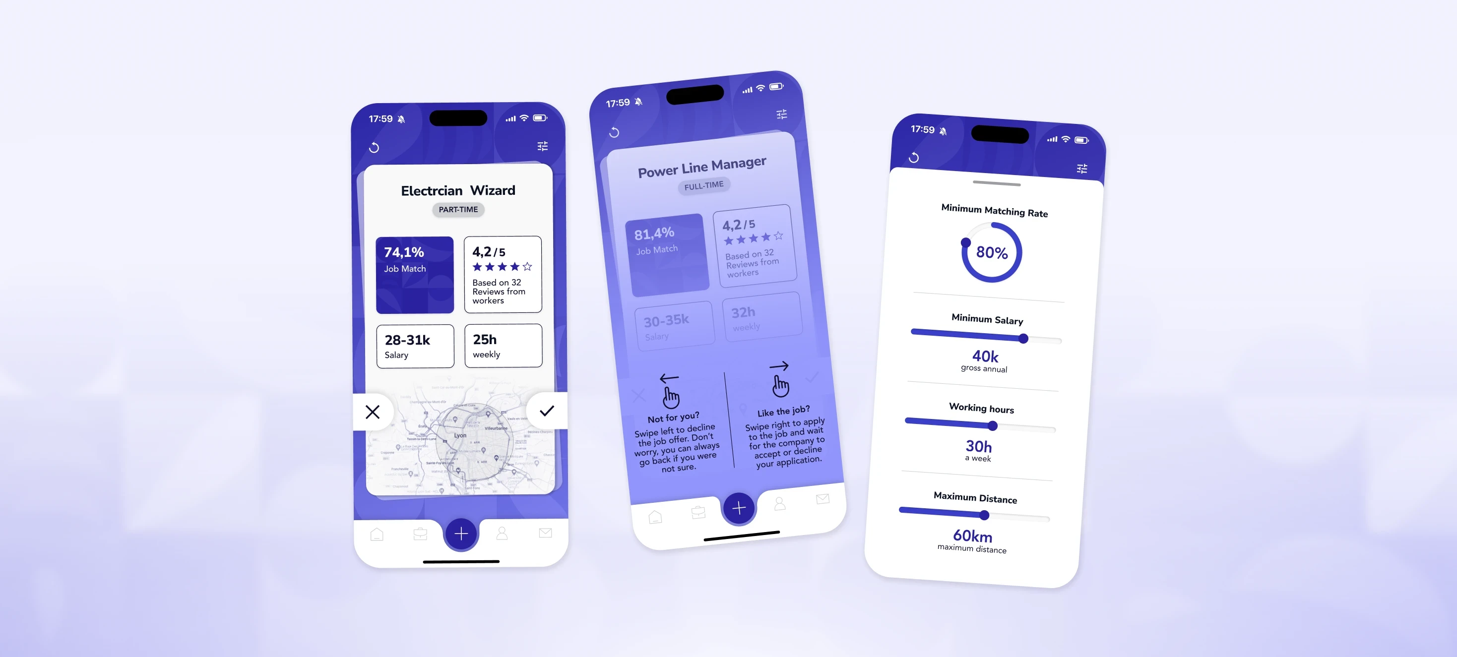 BTalent App mit Screens zu Job-Match-Bewertung, Swipe-Prinzip und Filtereinstellungen