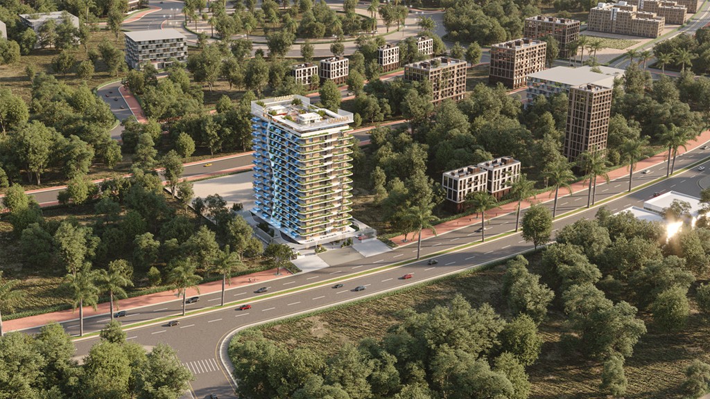A modern high-rise at samana park meadows building surrounded by lush greenery, with nearby roads and additional residential structures visible in the background.