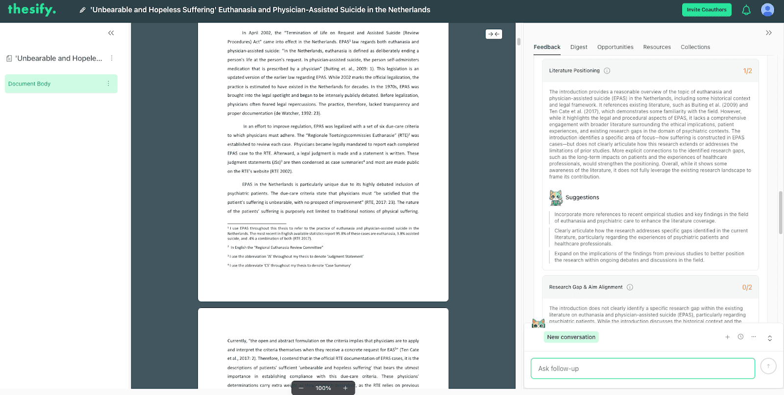 thesify feedback on literature positioning for a euthanasia study, flagging a lack of engagement with broader ethical debates