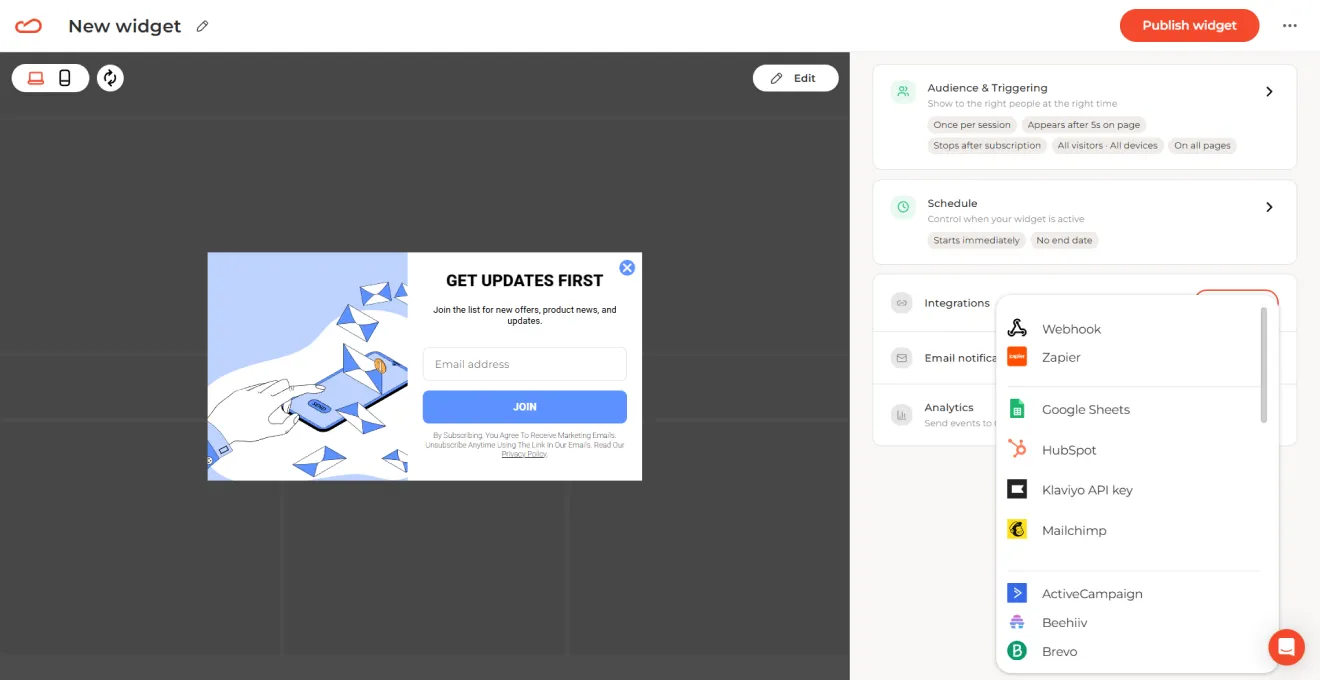 email popup integrations in Claspo editor