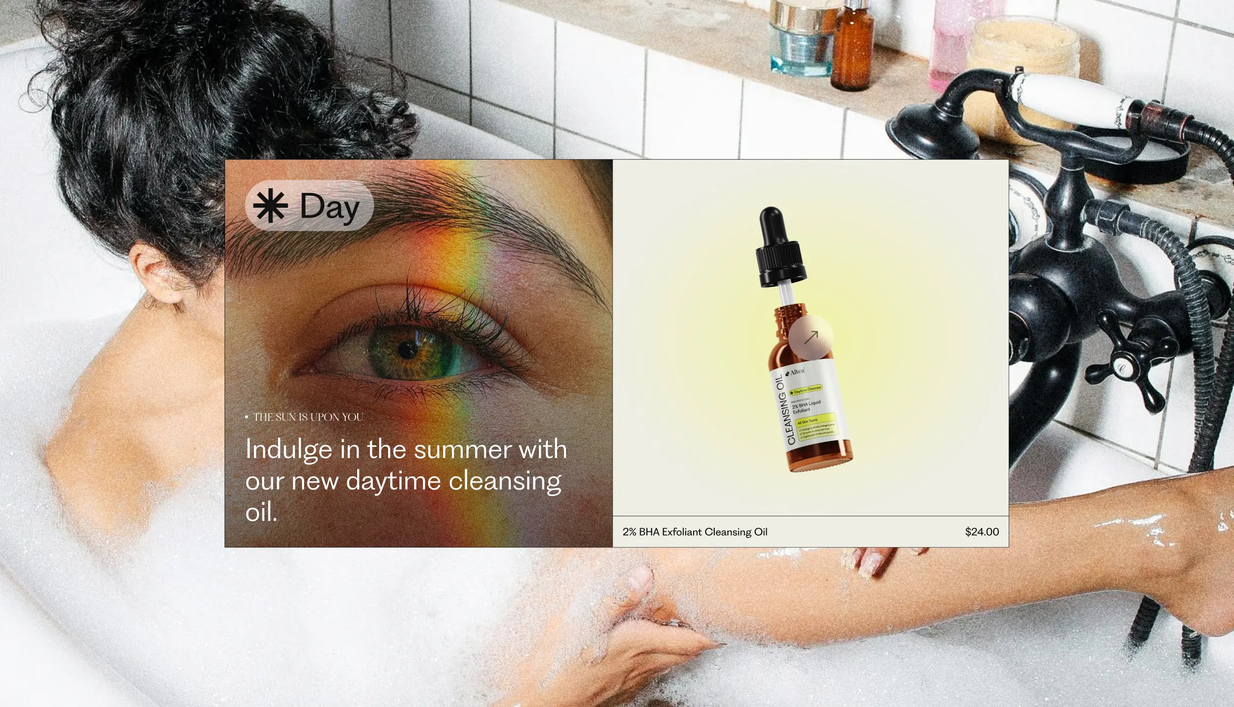 Altea skincare bottle photographed beside a warm-toned eye close-up.