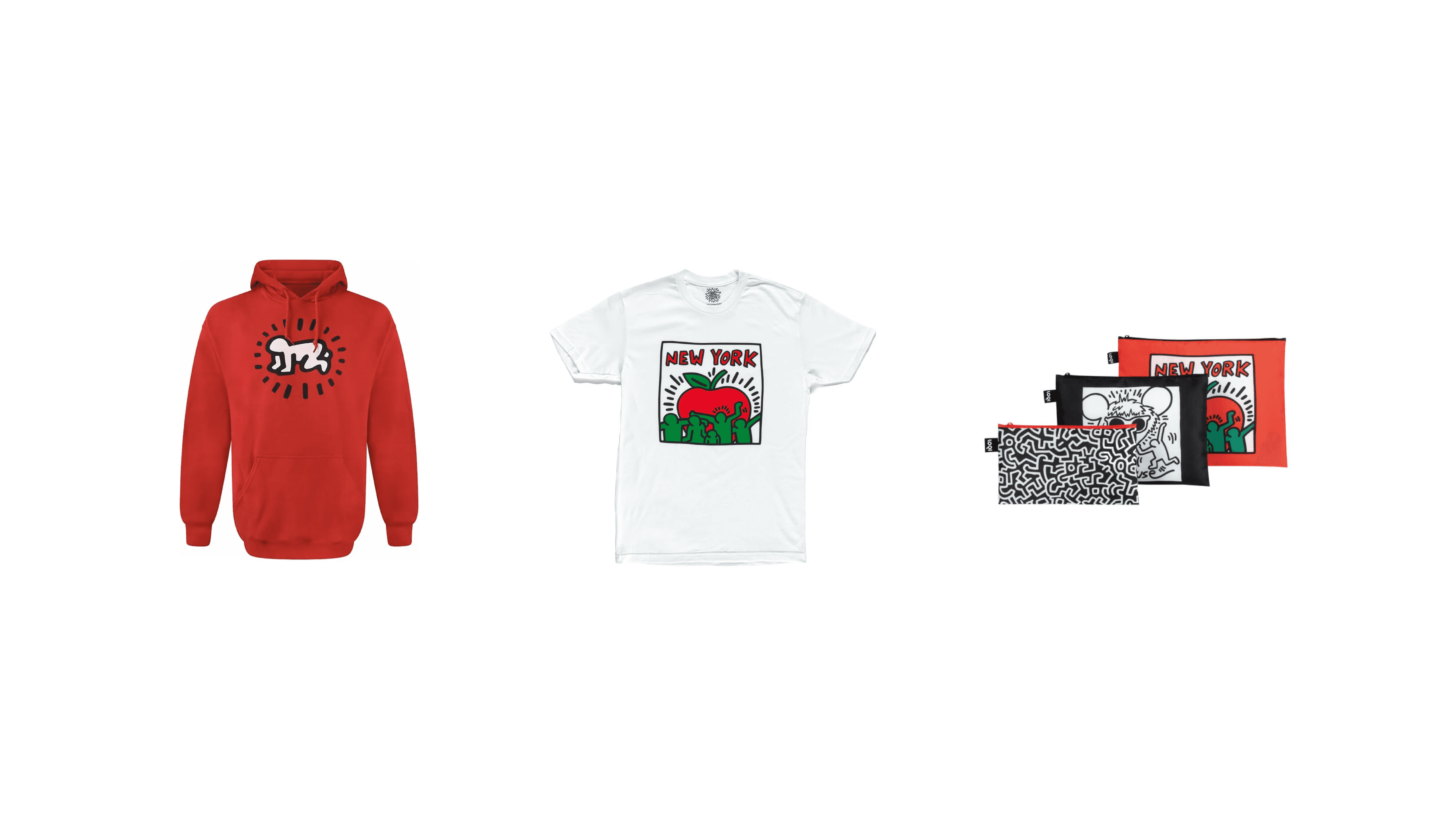 A red hoodie, white T-shirt, and small zip pouches display Keith Haring artwork arranged on a white background.