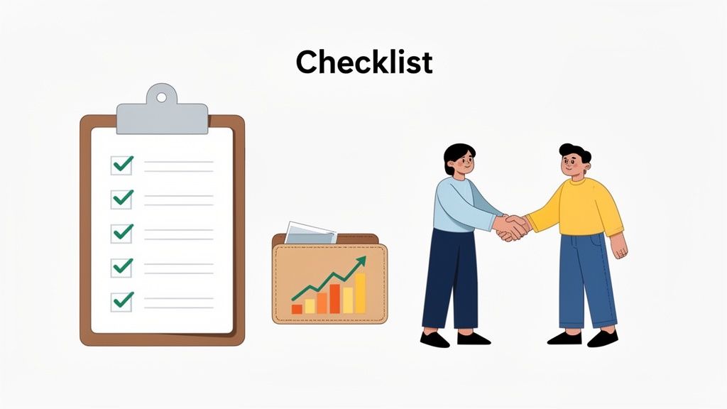 Illustration of a checklist on a clipboard, a folder with a growth chart, and two people shaking hands.