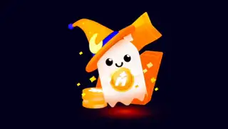 Cute Halloween ghost mascot wearing a wizard hat surrounded by gold crypto coins on a dark background