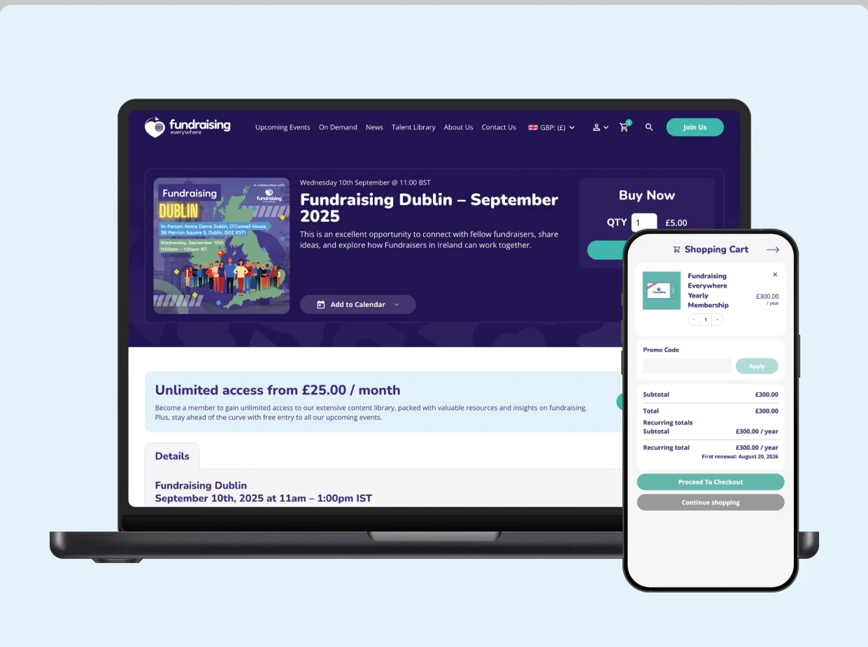 Event page on a laptop with the basket open on a phone beside it, showing the ticket, the membership upgrade and the order total