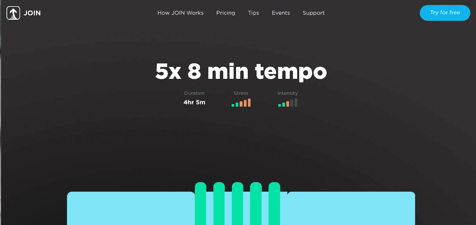 Screen image of JOIN workout 5x 8 min tempo