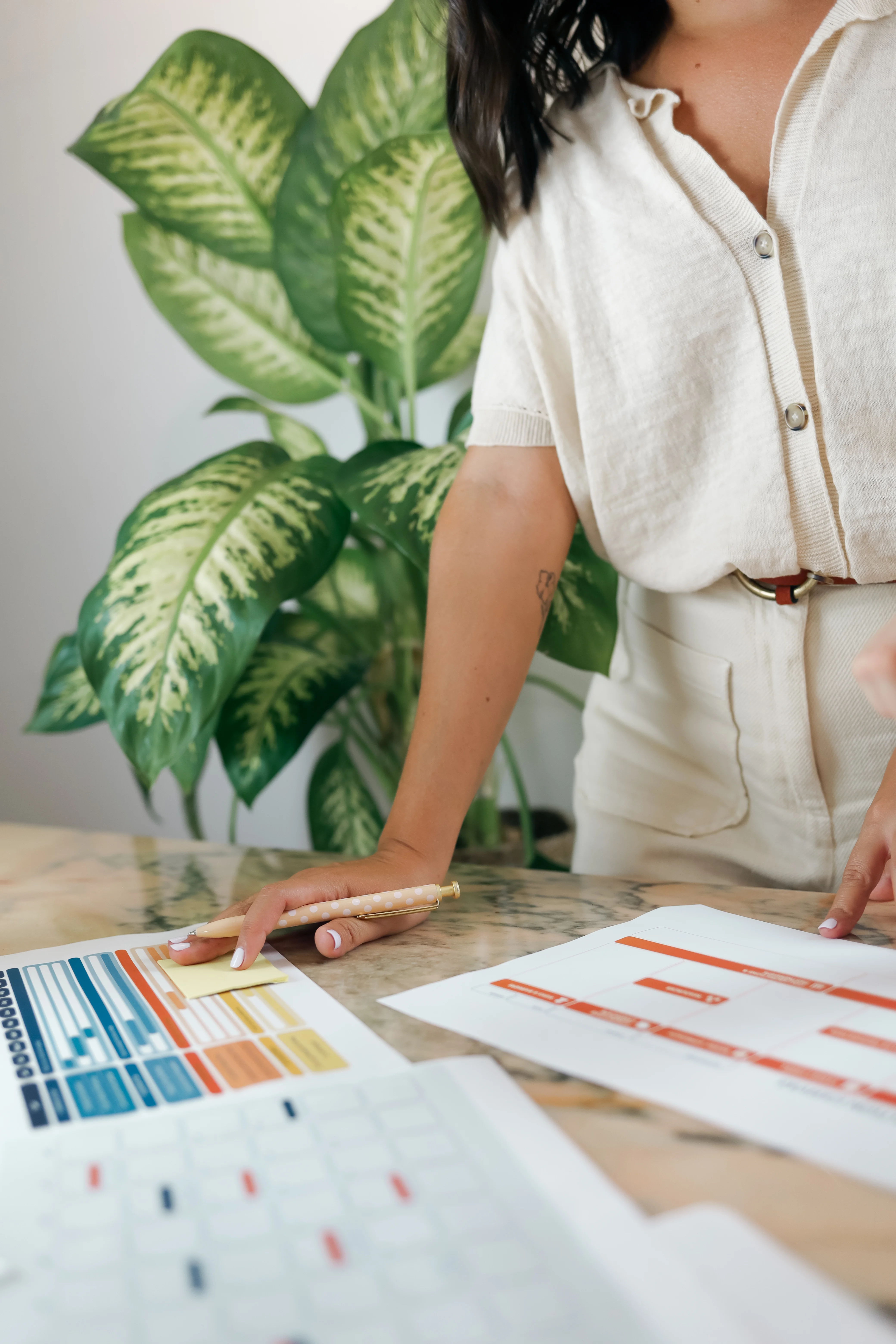 Person reviewing project timelines and strategic planning documents on a desk during a consultation session
