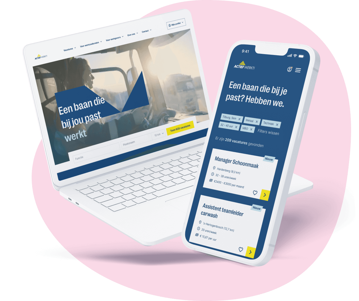 Laptop en mobiel met de website van Actief Werkt!