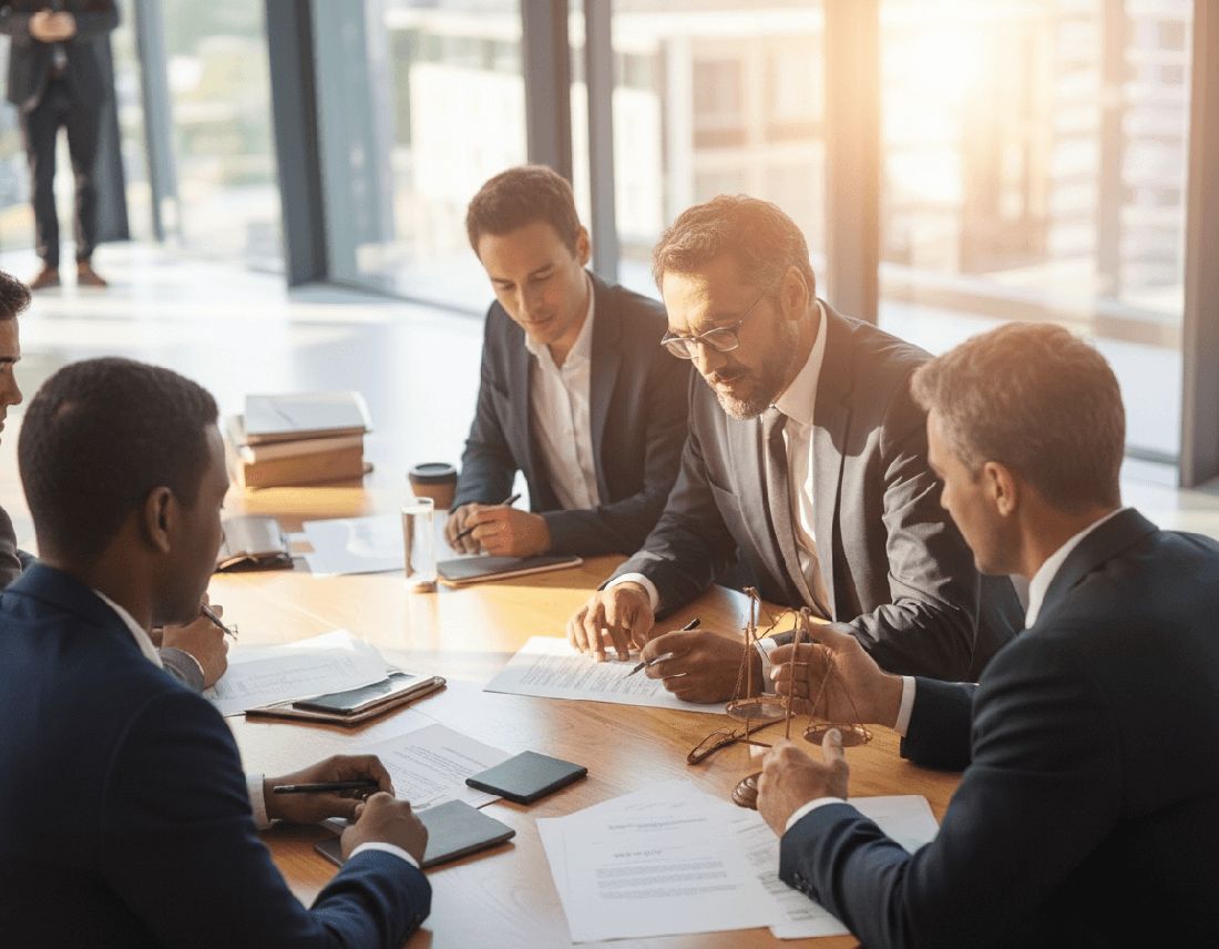 Business professionals reviewing documents at a sunlit conference table