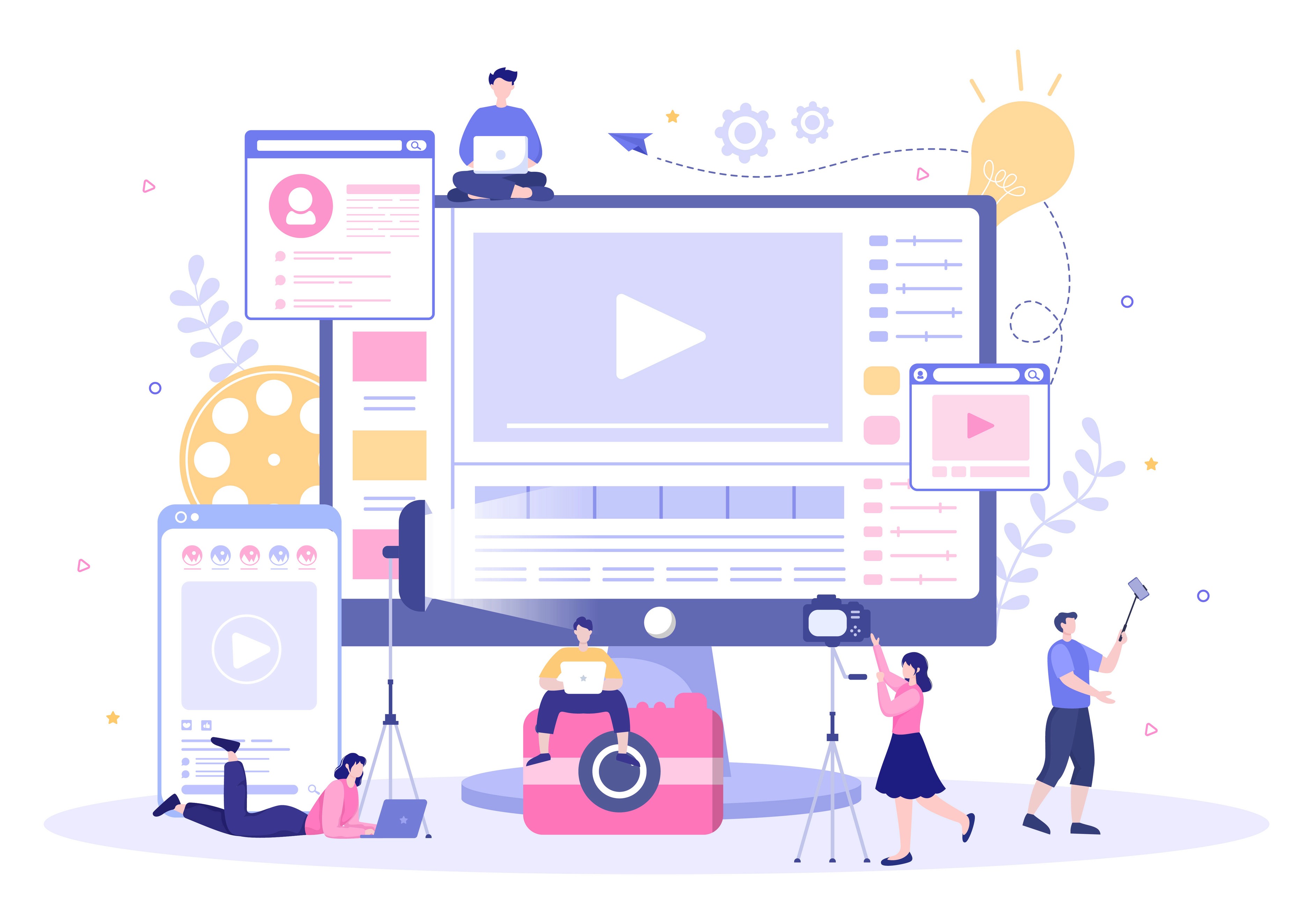 Illustration of creators using cameras and laptops to produce multi-platform video content