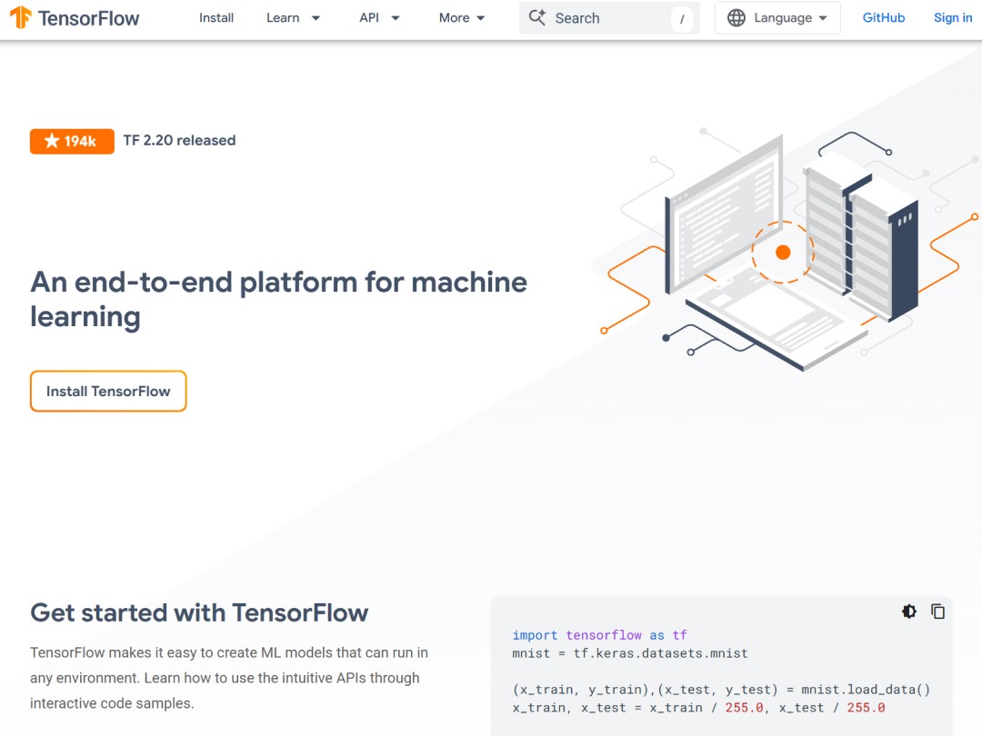 Tensorflow website hero section with data center illustration on the right